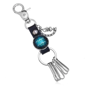 Retro leather keychain with Aquarius constellation badge and vintage metal lobster clasp