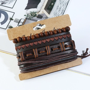 Retro multi-layer brown leather bracelet set with wooden beads and embossed heart charm