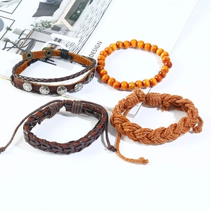 Vintage 4-piece set of braided leather and wood bead bracelets for men in bohemian style