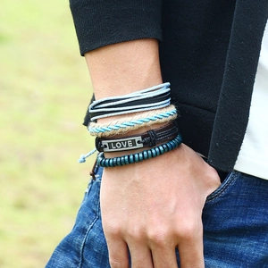 4-piece set of men's vintage woven leather bracelets with LOVE charm and blue beads