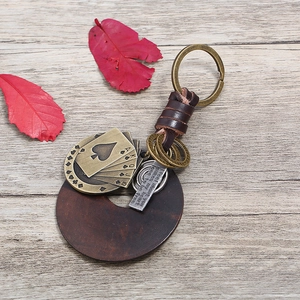 Retro punk braided leather keychain with vintage bronze poker cards and wood charm