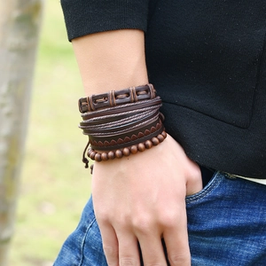 Retro multi-layer men's braided leather bracelet set with wooden beads and leaf charms