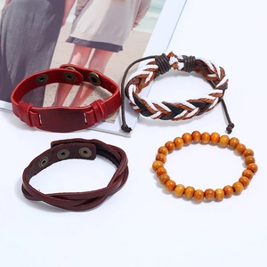 Lot de 4 bracelets vintage en cuir avec cordes tressées et perles en bois pour hommes