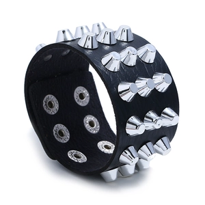 Punk Rock Wide Leather Bracelet With Three Rows Conical Spike Rivets Vintage Adjustable Snap Button Bracelet For Men Women