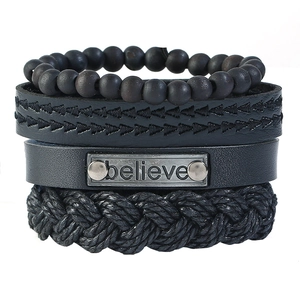 Vintage Men Braided Cowhide Bracelet Set With Believe Metal Plate Wood Beads Adjustable Punk Leather Wristband Jewelry