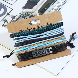 Punk vintage 4-piece multilayer leather bracelet set with blue beads and LOVE plate