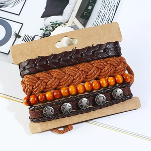 Retro 4-piece woven leather bracelet set for men with metal star and wood beads