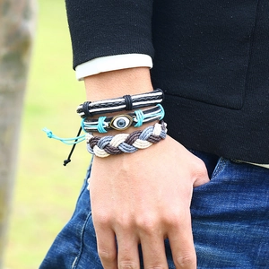 Handmade 3-piece bohemian leather and evil eye braided cord bracelet set for women