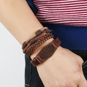 Three-piece genuine leather braided bracelet set with retro wood-grain accent for men