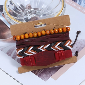 Ensemble de 4 bracelets vintage en cuir pour hommes avec perles de bois multicouches