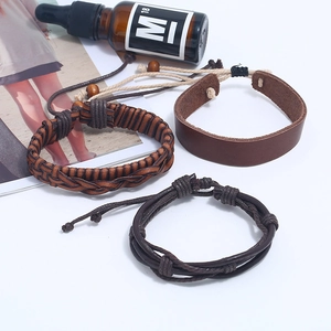 Three-piece genuine leather braided bracelet set for men with vintage wooden beads