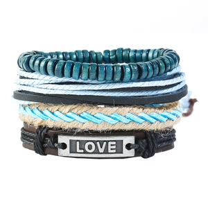 Vintage Men Punk Multi-layer Leather Bracelet Set Braided Hemp Rope Wood Beads Love Metal Plate Bohemian Wristband Jewelry