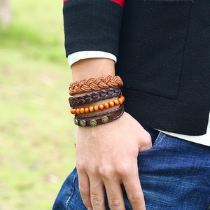 Retro multi-layer leather bracelet set with brown braided rope and wooden beads