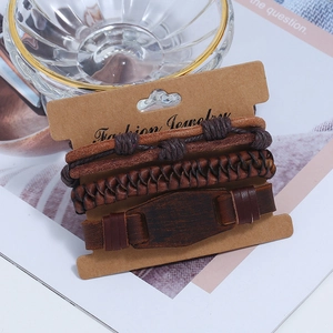Three-piece set of men's genuine leather braided bracelets in dark brown retro style