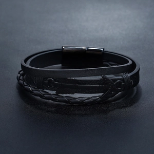 Men's multi-layer black braided leather bracelet with arrow detail and magnetic clasp