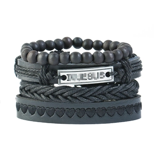Ensemble de Bracelets Vintage Punk en Cuir de Vache Tissé Charme en Alliage Perles de Bois Corde de Chanvre Réglable Unisexe