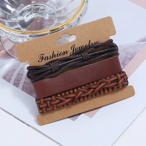Three-piece genuine leather men's braided bracelet set on a fashion jewelry card