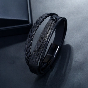 Men's double-layer black braided leather bracelet with engraved feather metal charm