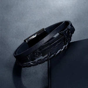 Multi-layer black braided leather bracelet with vintage metal arrow charms for men