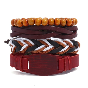 Ensemble de 4 Bracelets en Cuir Tressé Punk Rétro pour Hommes Bohème Ethnique avec Perles en Bois et Corde de Chanvre