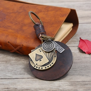 Punk vintage braided leather keychain with bronze charms and ace of spades card