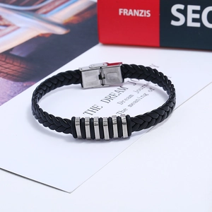 Bracciale da uomo in pelle nera intrecciata e acciaio inossidabile con chiusura magnetica