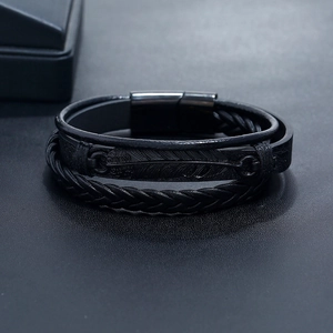 Men's multi-layer black braided leather bracelet with engraved feather metal plate