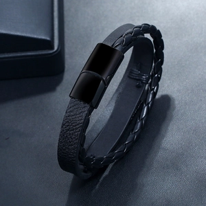 Black multi-layer woven leather bracelet for men with polished stainless steel clasp
