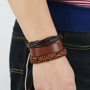 Three-piece genuine leather multilayer braided men's bracelet set in vintage brown