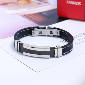 Men's black silicone bracelet with stainless steel buckle and white stitching detail