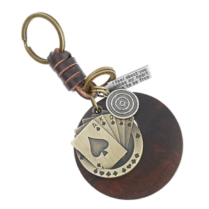 Vintage Punk Braided Genuine Leather Keychain Cowhide Wood Disk Poker Card Pendant Retro Handcrafted Car Key Ring For Men