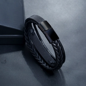 Men's minimalist double-layer black leather bracelet with magnetic metal clasp on stone