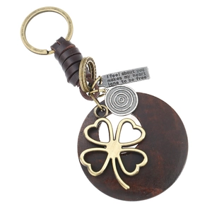 Vintage Woven Genuine Leather Keychain For Men Bronze Alloy Four Leaf Clover Pendant Retro Car Key Ring Accessory
