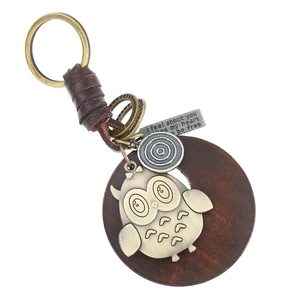 Porte-clés Hibou en Cuir Véritable Tissé Retro Punk Avec Anneau en Bois Pendentif en Métal Citation Gravée Cadeau