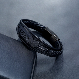 Men's double-layered black woven leather bracelet with heart arrow and magnetic clasp