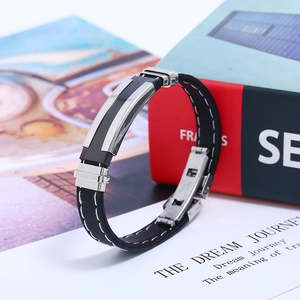 Modern men's black silicone bracelet with white stitching and silver stainless steel clasp