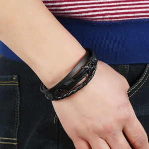 Men's retro black multilayer braided leather bracelet with stainless steel metal clasp