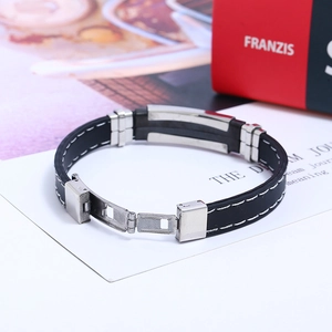 Men's minimalist black silicone bracelet with white stitching and stainless steel clasp