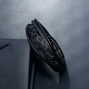 Punk black multi-layer braided leather bracelet for men with magnetic metal clasp