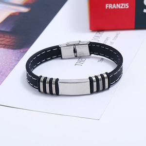Men's fashion bracelet with black silicone strap and stainless steel metal buckle