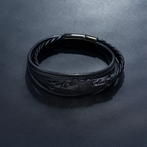 Men's double-layered black woven leather bracelet with magnetic clasp and heart motif