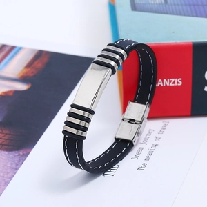 Men's stainless steel and black silicone bracelet with polished plate and stitching