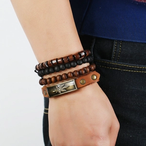 Retro multi-layer leather bracelet with wooden beads and bronze maple leaf metal plate