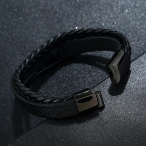 Men's multi-layer black braided leather bracelet with polished magnetic metal clasp