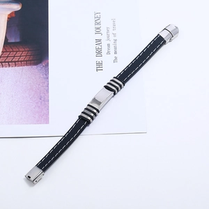 Men's black silicone bracelet with white stitching and polished stainless steel clasp