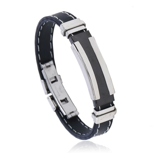 Punk Men Stainless Steel Silicone Bracelet Black Rubber Wristband With White Stitching Industrial Style Adjustable Fashion Jewelry