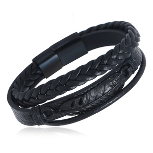 Men Multi Layer Woven Leather Bracelet Titanium Steel Feather Charm Magnetic Clasp Retro Punk Jewelry Gift For Men