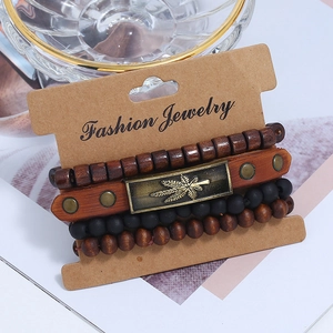 Multilayer leather bracelet set featuring vintage bronze maple leaf and wooden beads