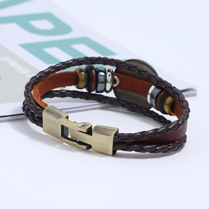 Retro multi-layer braided leather bracelet with vintage bronze clasp and beads