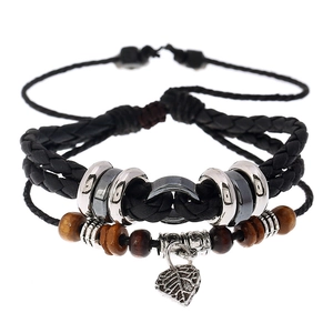 Retro Multi-layer Braided PU Leather Bracelet For Men With Alloy Leaf Pendant And Wood Beads Adjustable Wrap Hand Jewelry